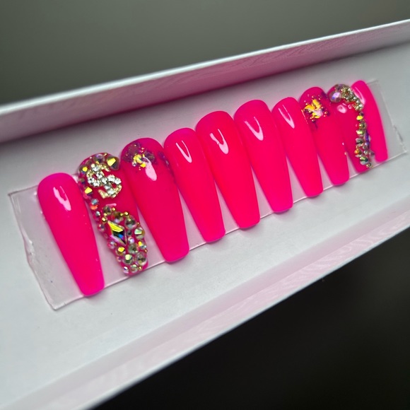 Neon pink Bling Nails diamond long coffin press on nails barbie hot pink - Picture 1 of 5